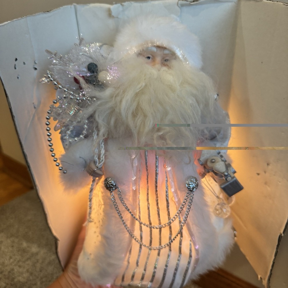 Vintage Enchanted Forest- 12" Santa Claus Fiber Optic Tree Topper Silver & White